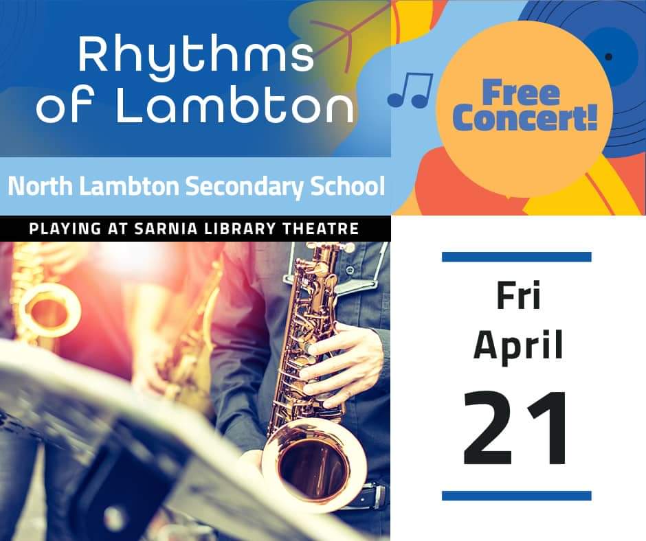 Lots of area musicians performing in this concert series. NLSS Jazz Band and Choir are up next on Fri. April 21 at 7pm. at the Sarnia Library Theatre.  Cost is free. You can register here: lclibrary.libnet.info/event/7741486# but it is not required.