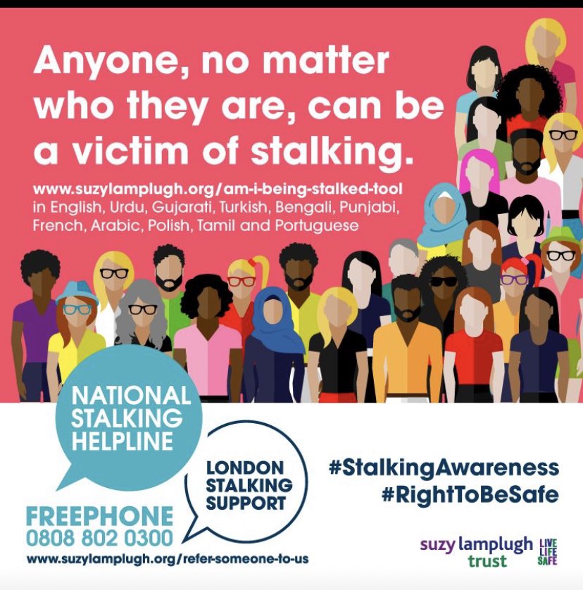 Anyone can be a victim of stalking. @live_life_safe online tool 'Am I Being Stalked?' can be accessed in languages including French, Spanish, Gujarati, Turkish and more. ⬇️ suzylamplugh.org/am-i-being-sta…