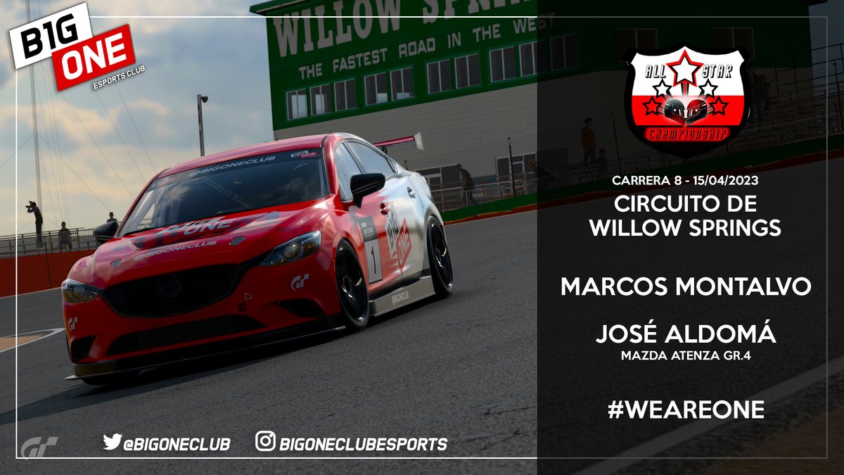 #GT7

Llegamos a la última carrera por grupos del #AllStarChampionship de <a href="/Desafio_GT/">Desafío SimRacing GT</a>

Turno de <a href="/Markitos_biker/">B1_MarcosMontalvo</a> y #JoseAldoma en Willow Springs con el Mazda Atenza Gr.4

Retransmisión: youtube.com/@desafiosimrac…

❤️#WeAreOne