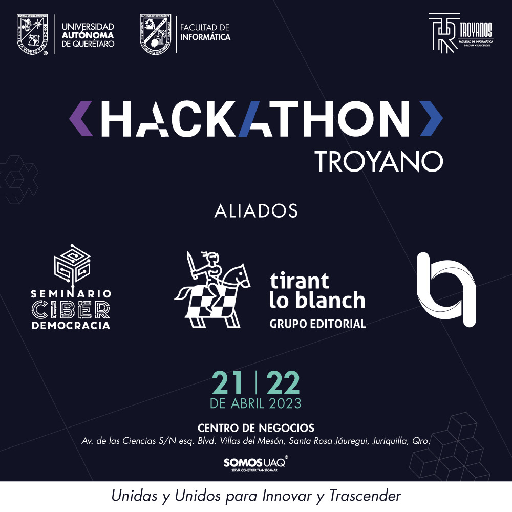 𝗔𝗚𝗥𝗔𝗗𝗘𝗖𝗘𝗠𝗢𝗦 el apoyo de nuestros aliados en el Hackathon Troyano 2023: 

🔵 𝗦𝗘𝗠𝗜𝗡𝗔𝗥𝗜𝗢 𝗗𝗘 𝗖𝗜𝗕𝗘𝗥𝗗𝗘𝗠𝗢𝗖𝗥𝗔𝗖𝗜𝗔

🔵 𝗧𝗜𝗥𝗔𝗡𝗧 𝗧𝗘𝗖𝗛 (𝗧𝗜𝗥𝗔𝗡𝗧 𝗟𝗢 𝗕𝗟𝗔𝗡𝗖𝗛 𝗚𝗥𝗨𝗣𝗢 𝗘𝗗𝗜𝗧𝗢𝗥𝗜𝗔𝗟)

🔵 𝗕𝗨𝗦𝗜𝗡𝗘𝗦𝗦𝗩𝗘𝗥𝗦𝗢