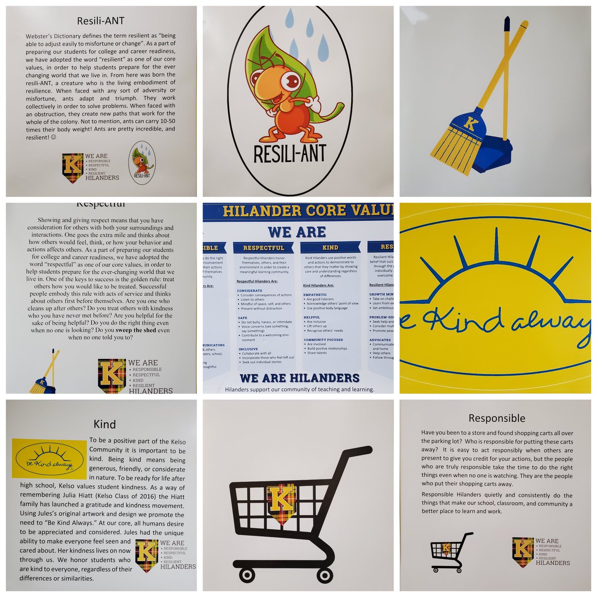 Proud of the work we are doing on culture and values at Kelso High School.  Our Tier 1 Team just plastered our walls with our Core Values: Respect, Responsibility,  Kindness, and Resilience.