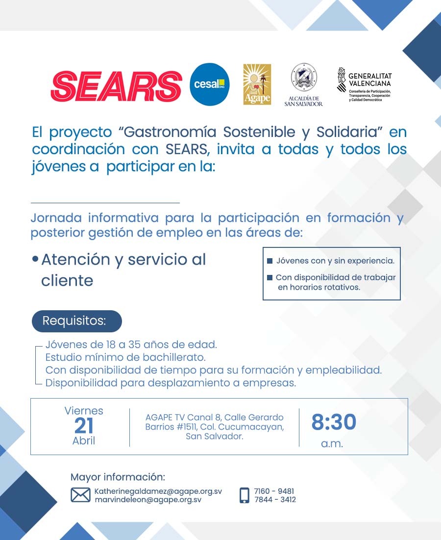#Convocatoria para jóvenes del área Metropolitana de San Salvador, interesados/as de participar en formación y posteriormente en gestión de empleo en las áreas de: "Atención al Cliente" 

⏬⏬⏬ 
Día: 21 de abril 2023 | Hora: 8:30 a.m.
Lugar: Instalaciones de <a href="/AgapeTVCanal8/">Ágape TV Canal 8</a>