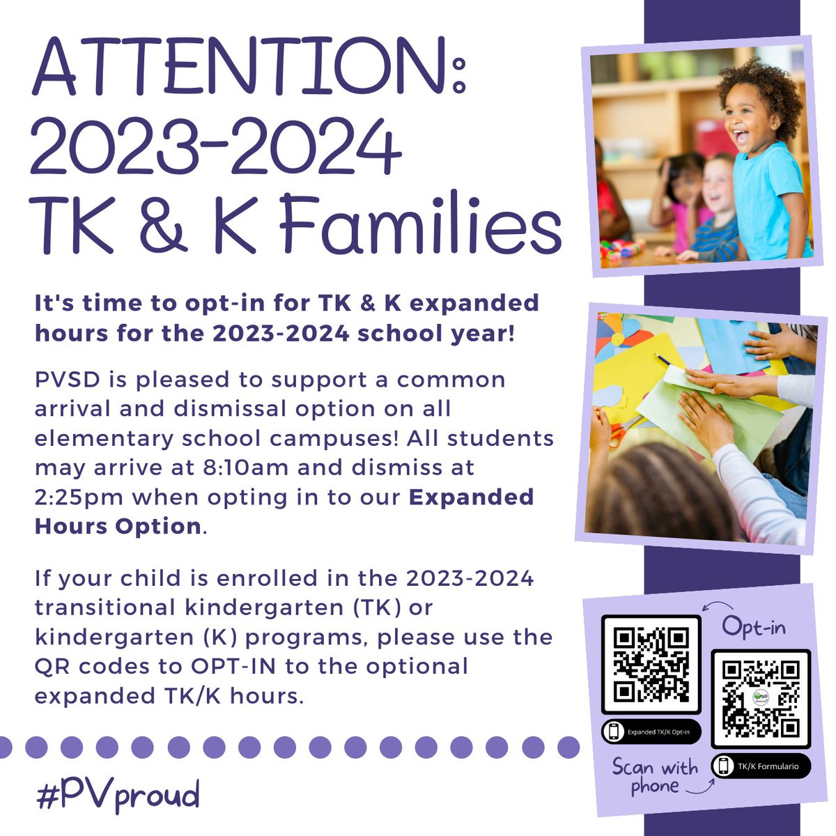PVSDCamarillo's tweet photo. It's time to opt-in for TK & K expanded hours for the 2023-2024 school year!
2023-2024 TK and kindergarten students can OPT-IN to the optional expanded TK/K hours here:
English - https://t.co/qOl1eBWnGN
Spanish - https://t.co/5BIoFVE62y
#PVproud #Camarillo #PVSD https://t.co/4ncji0hLOS