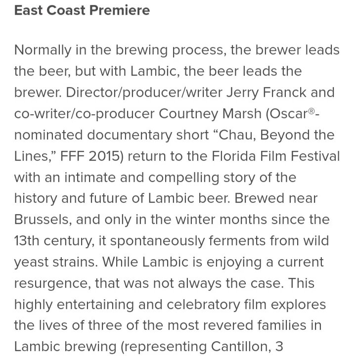 A couple great food and drink films today at the Florida Film Festival

"Bottle Conditioned" about brewing Lambic Beer
and
"Taste of the Indigenous" a short film about Native American food.

Showing again 4/19 at 9:30 PM
<a href="/FloridaFilmFest/">Florida Film Festival</a>
#FloridaFilmFestival