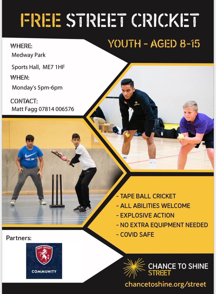 MedwaySport's tweet photo. FREE street cricket with Kent Cricket starts on Monday at Medway Park 🏏 

Every Monday
5pm to 6pm
Medway Park

Suitable children aged 8 to 15 years old.

Come along and give it a go 😁 https://t.co/4vJj31pogm