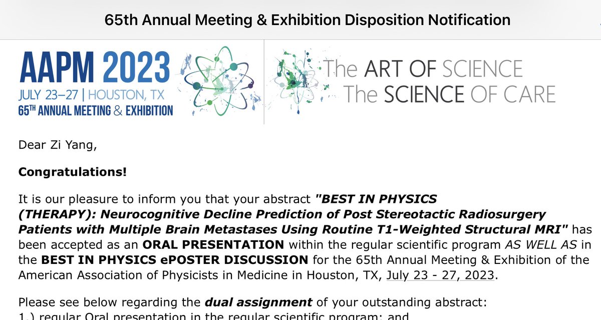 🥳Happy to find out that my abstract was chosen as the Best in Physics (Therapy) in #AAPM2023. So grateful for all the guidance and support from @MAIA_Laboratory and @UTSW_RadOnc 💕