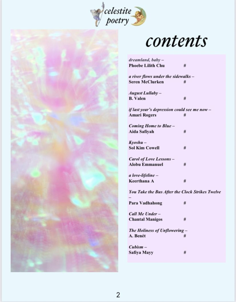 celestitepoetry's tweet photo. ☁️ FIRST LOOK AT ISSUE 6 ☁️
It’s here! The first look at the contents pages of a beautiful, angelic issue filled with stunning creative writing, coming out in just a few weeks time - publication date as well as a cover reveal coming very soon! 🌱🍰 https://t.co/7IprH19s32