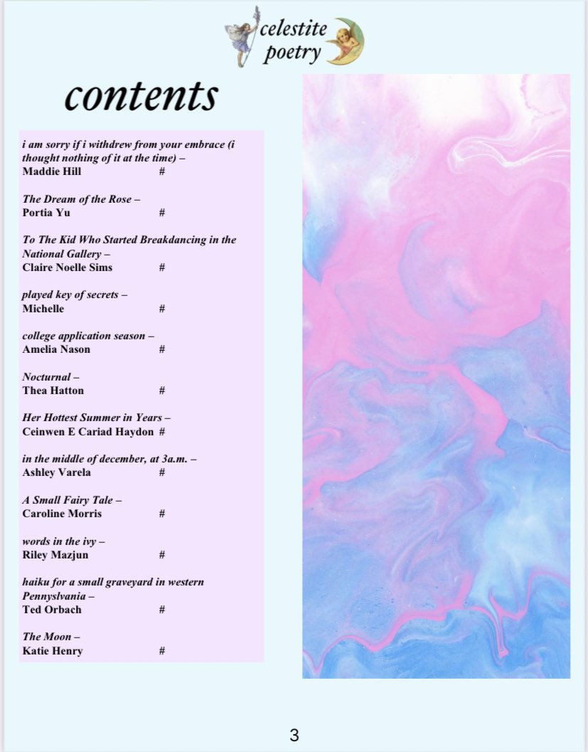 celestitepoetry's tweet photo. ☁️ FIRST LOOK AT ISSUE 6 ☁️
It’s here! The first look at the contents pages of a beautiful, angelic issue filled with stunning creative writing, coming out in just a few weeks time - publication date as well as a cover reveal coming very soon! 🌱🍰 https://t.co/7IprH19s32