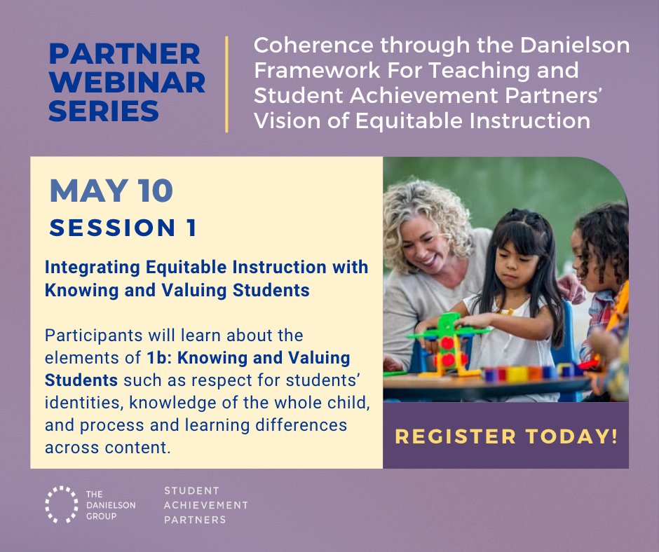 danielson_group's tweet photo. Join #TheDanielsonGroup &amp; Student Achievement Partners for the first session of our 3-part webinar series. Sign up for this session or all 3 webinars today! https://t.co/2a2mXPTRKj
#PDwithDG #GreatTeaching #FrameworkForTeaching https://t.co/Yyr079wPaX