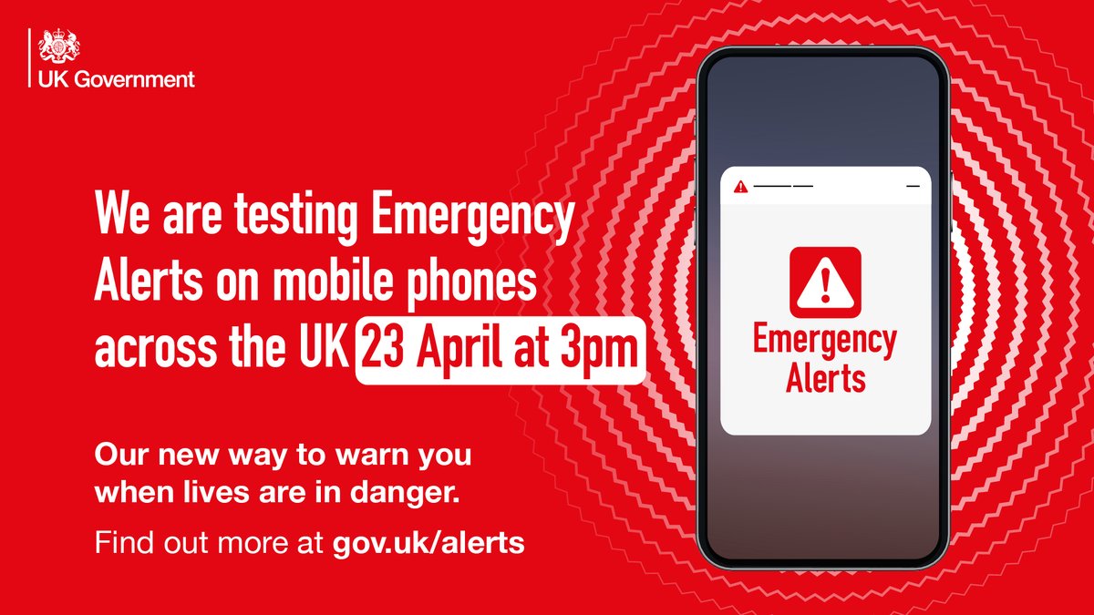 bathnes's tweet image. The new Emergency Alerts system will be tested nationally on
April 23.
The system will warn people when their lives are in danger. An
Emergency Alert is a loud, siren-like sound with a message on
your mobile phone screen.
To find out more, visit gov.uk/alerts
