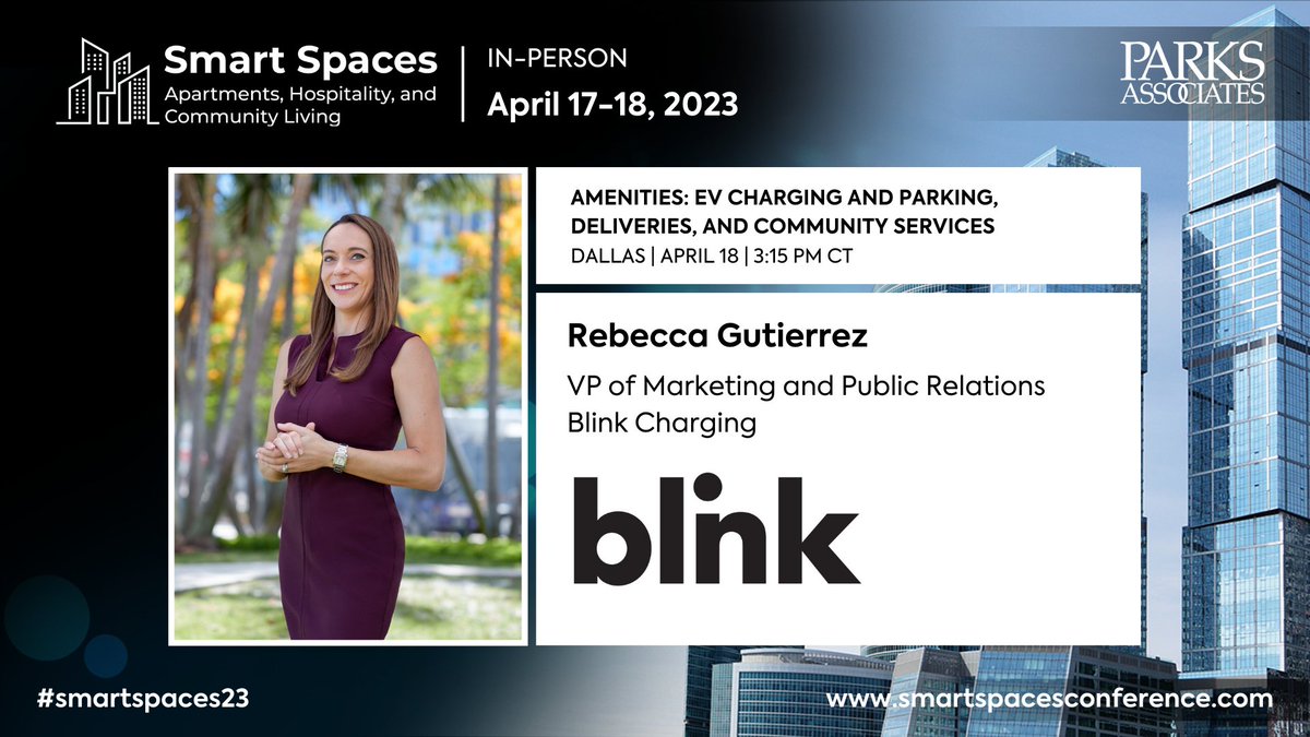 Join us April 18 | 3:15 PM CT for #SmartSpacesConference in Dallas #TX as our VP of Marketing, Rebecca Gutierrez shares insights on #EVcharging for apartments, hospitality, & more! ⚡️📣 😃 Hosted by @ParksAssociates #SmartSpaces23