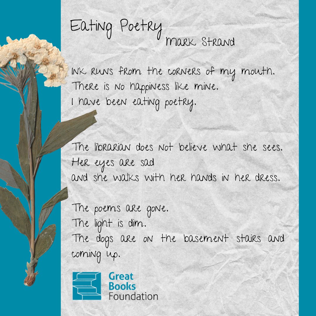 GreatBooksFnd's tweet photo. Let's talk about "Eating Poetry" today.

Here's our question: Why is the speaker so happy even though the librarian is sad?

#NationalPoetryMonth #poems #poetry #SharedInquiry #lifelonglearner #EatingPoetry https://t.co/CXRd5vkDKT