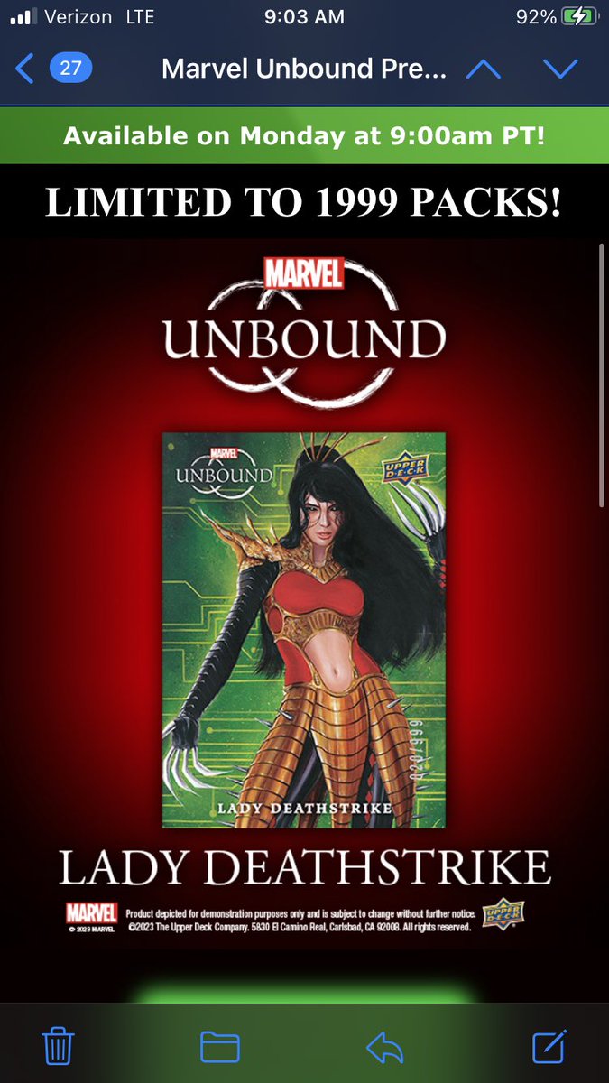 Mpacks6's tweet photo. Monday 9am pacific… Marvel Unbound presents Lady Deathstrike by artists Fred & Ian. Good luck. 🍀 #Marvel #upperdeckepack https://t.co/7cmo8dvczo