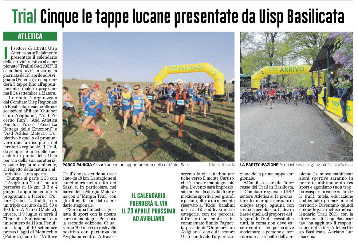 🗞️ Oggi sul quotidiano <a href="/ledicoladelsud/">L’Edicola del Sud</a> la presentazione delle tappe del “Trail al Sud 2023”, condiviso con i Comitati di #Matera e #Potenza! 
Grazie per lo spazio concesso 🙏🏼

Seguiteci per non perdervi le varie iniziative! 😊

#Uisp #UispBasilicata #UispMatera #UispPotenza ✅