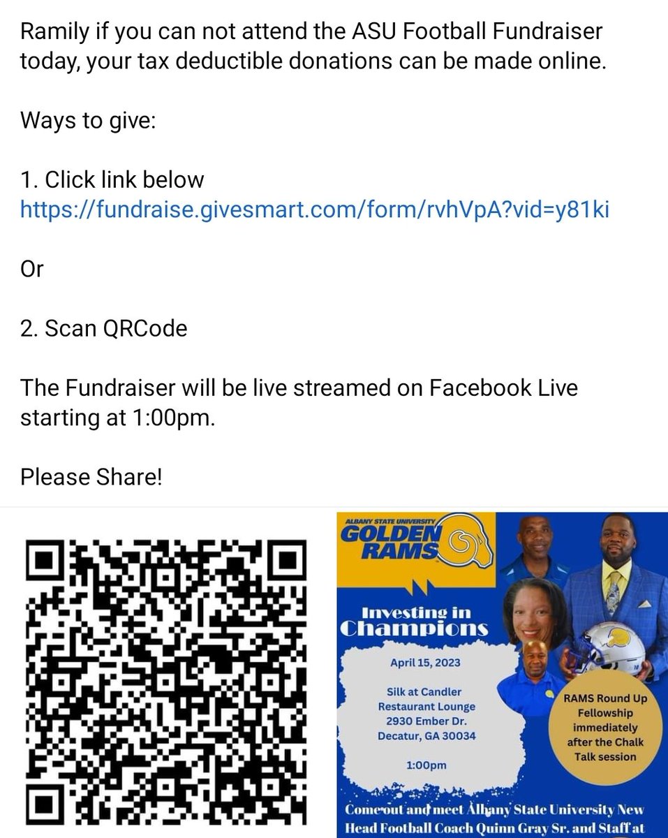 ASUGoldenRamsFB's tweet photo. Can't make it to the social, you can still definitely contribute and donate!! #ALLIN #BeRAMbunctious https://t.co/5nUdL7a0M6