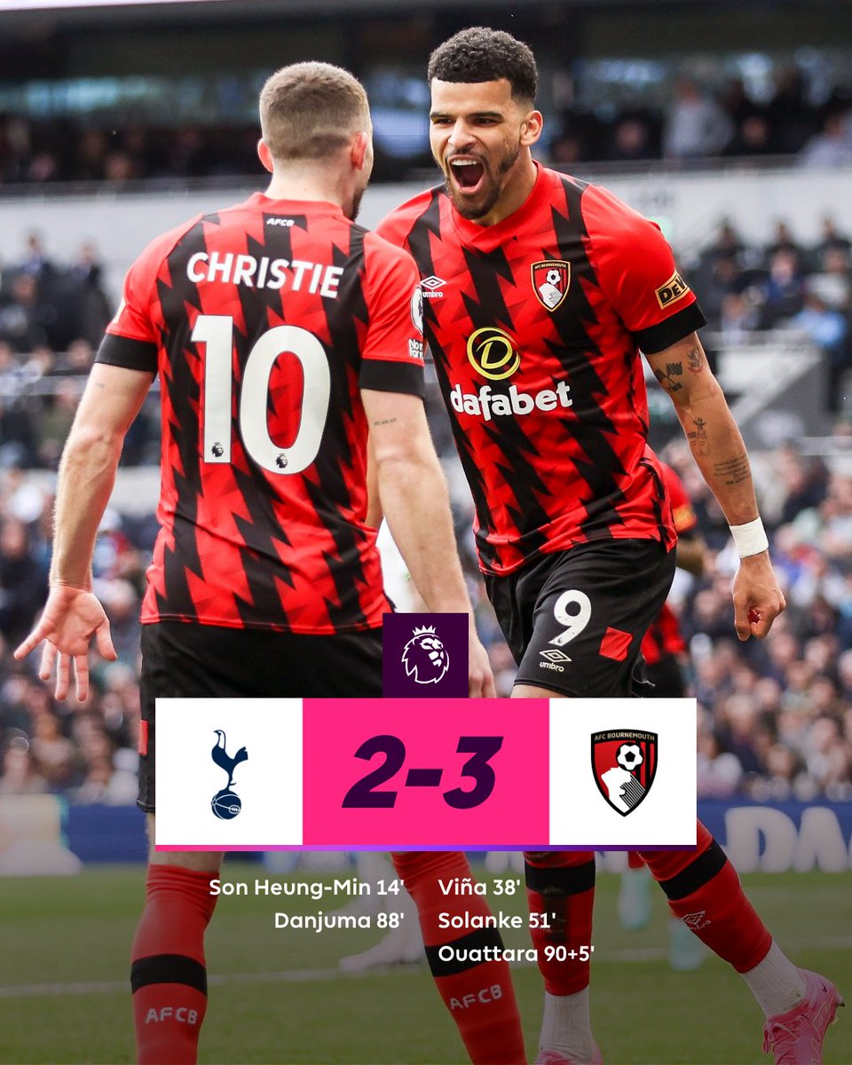 FULL-TIME Spurs 2-3 AFC Bournemouth 

A late show at Tottenham Hotspur Stadium sees Bournemouth claim all three points

#TOTBOU