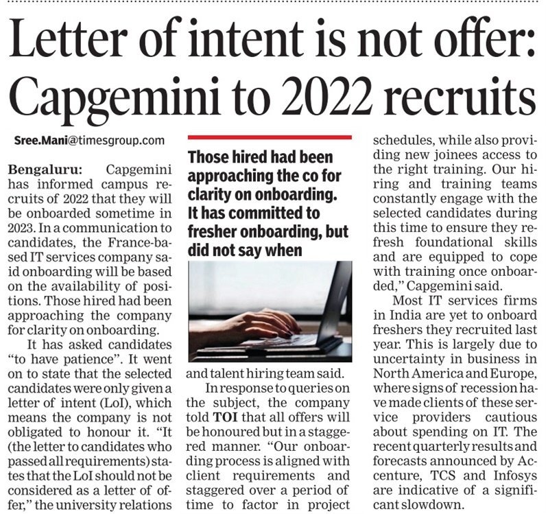 cvinodyadav's tweet photo. Dear @CapgeminiIndia if ur
#LetterOfIntent is NOT OFFER, why r u issuing these TISSUE PAPERS in campuses to #Freshers ?
Pls start honouring ur words..

#ITjobs #ITsector  

@FiteIndia @FITEMaharashtra @jntuhofficial @TOIIndiaNews @KTRoffice @KVishReddy @byadavbjp @PavanjitMane1 https://t.co/3cuiD4NCnO