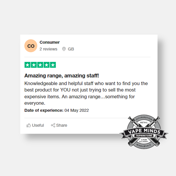 'Amazing range and amazing staff', what more would you expect from the Vape Minds Team? Providing the right products for you! Pop in and see us, at one of our many stores! #vape #vapereview #vapershop #review #trustpilot