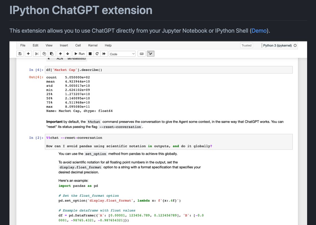 omarsar0's tweet photo. IPython-GPT - a Jupyter/IPython interface to ChatGPT

Very promising extension to chat with ChatGPT directly from your Jupyter Notebook or IPython shell. 

https://t.co/XgwRdp3lZW https://t.co/AGpLV5nx82