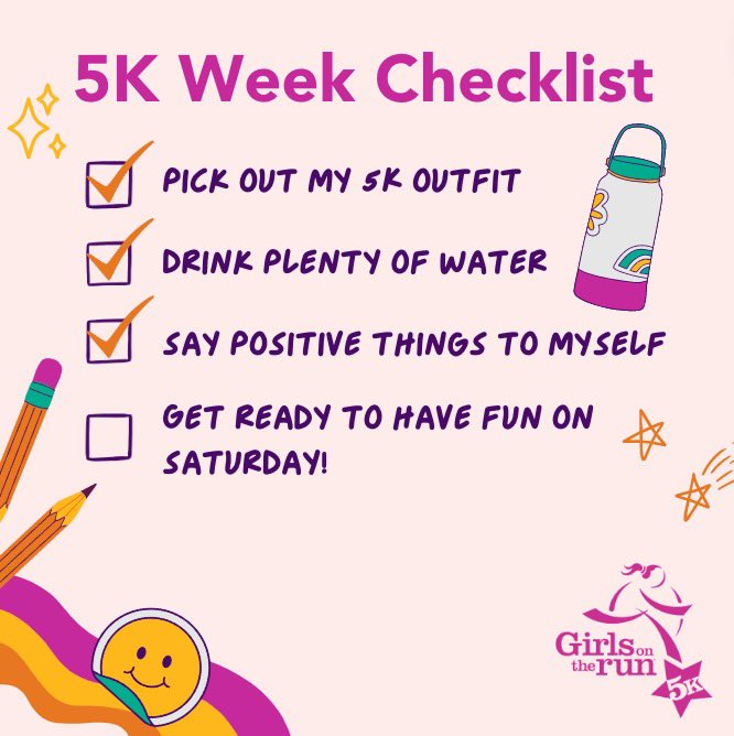 GOTRAC's tweet photo. The 5K is one week away! A strong checklist is an awesome way to ensure success! Save this post as you get ready for the upcoming 5K Celebration. Are we missing anything on our list? How are you preparing? Let us know in the comments! #GirlsontheRun #GOTR #GOTR5K #5K #running https://t.co/sIQj55Pg8Z