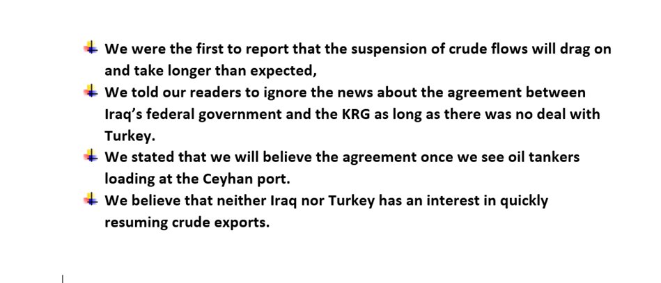 anasalhajji's tweet photo. From the Daily Energy Report on the delay in the resumption of crude oil exports from northern Iraq to Turkey's port of Ceyhan.

What are you waiting for?  Subscribe today:    https://t.co/iJEDojhIzk
#Oil #Iraq #Turket #Kurdistan https://t.co/ARSHrWpjkW
