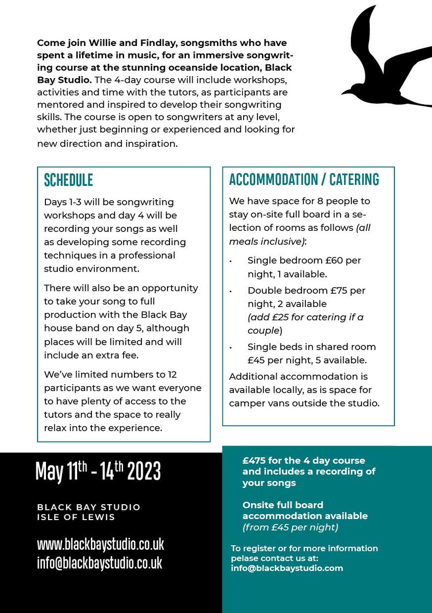 So happy to be doing another songwriting course with @findlaynapier at @black_bay_studio 11th-14th of May, still a couple of places left but be quick if you fancy it. One of my favourite things from last year, some great songs came out of the last one. X