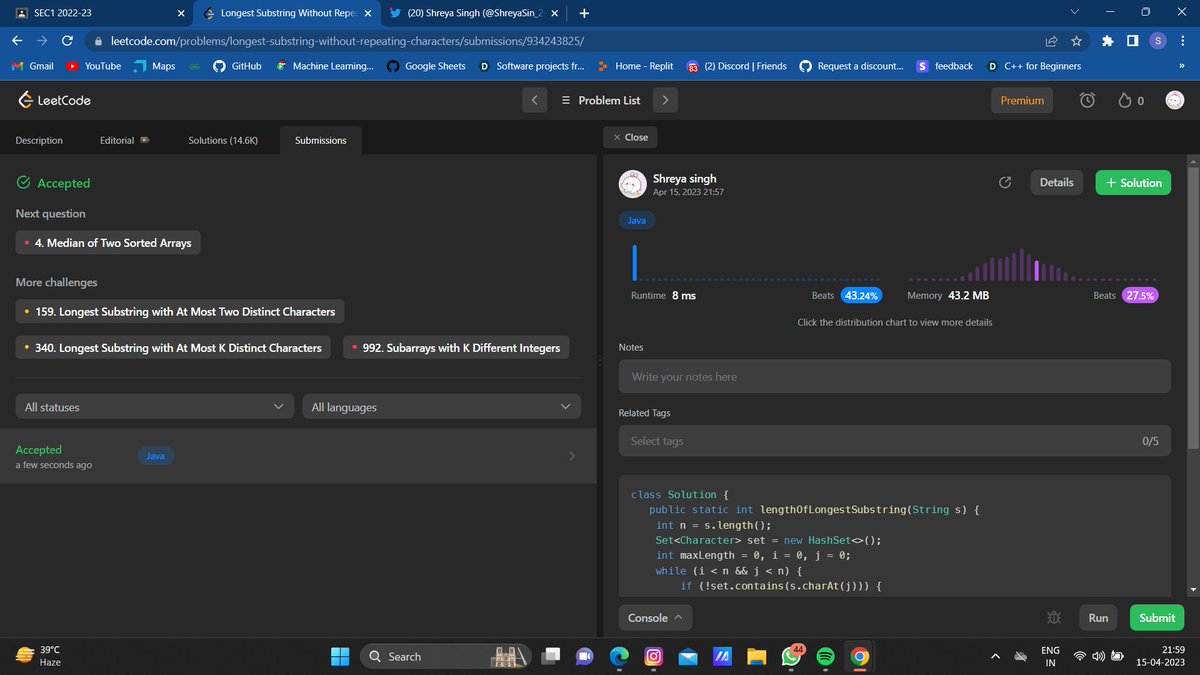 ShreyaSin_2025's tweet photo. Hello Folks,I have completed #Day10of #25DaysofCode Program with
@Scaler
.Today I solved the question:longest-substring-without-repeating-character/ Scaler discord community link: https://t.co/R20g4O3tj4
Partner:
@Rathod_Smeet_
#scalerdiscord #codewithscaler. https://t.co/GeQdNdZedz
