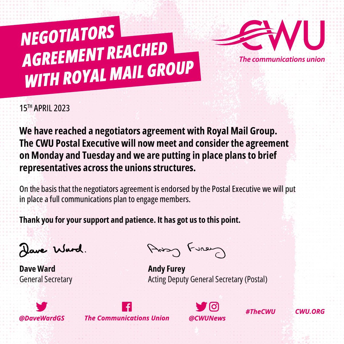 We have reached a negotiators agreement with Royal Mail Group. 

#WeAreStillHere