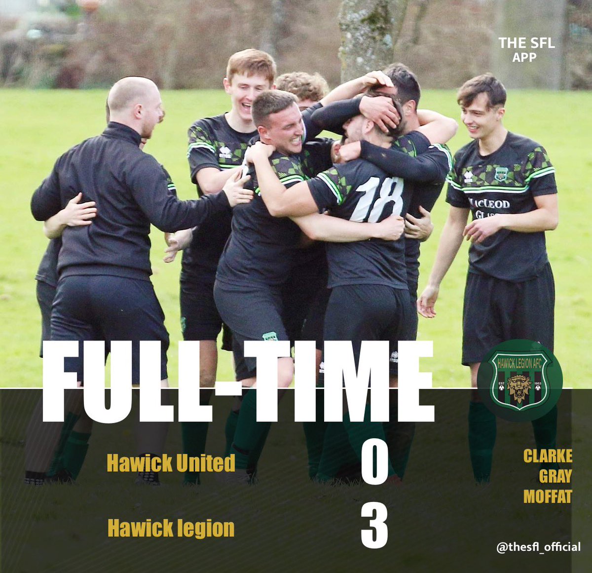 ⚽️Full Time Score⚽️

Hawick United 0-3 Hawick Legion 

Not the greatest of performances from us today but a win &amp; through to next round of the cup! 

Good to see Billy Paterson make his first appearance of the season after working hard to be back after a bad injury. 

💚🖤