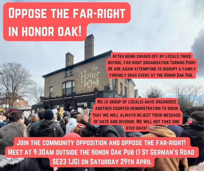 One more opportunity to humiliate the far-right in South London. They keep coming back. Last time they brought ageing Nazi football hooligans to add to their fake vicar and pretend students. Sat April 29th.