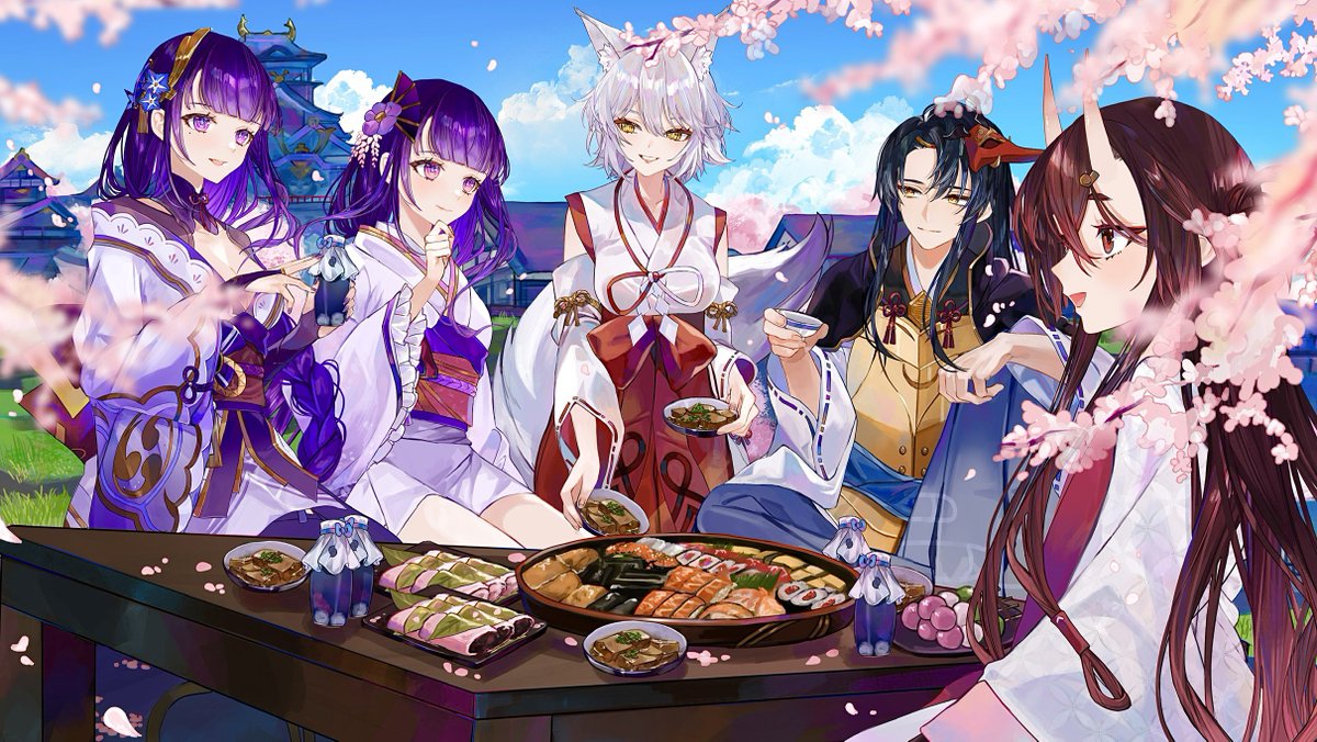 raiden shogun multiple girls japanese clothes purple hair animal ears fox ears white hair food  illustration images