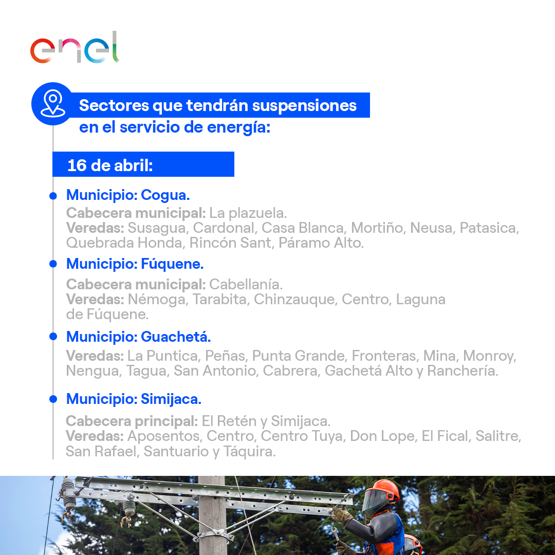 EnelClientesCO's tweet photo. Este 16 de abril realizaremos trabajos de modernización eléctrica en #Zipaquirá - #Ubaté en #Cundinamarca. ⚡️          

Tendremos disponibles cuadrillas de atención de emergencias en la zona para que reportes cualquier novedad 📞 en nuestras líneas de atención. https://t.co/n0Zd4YmMAJ