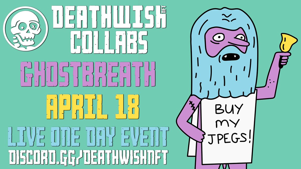 DeathWishNFT's tweet photo. April 18th, @GHOSTBREATH1, creator of @TheWeirdosNFT will be joining us for a very weird DEATHWISH Collabs event!

He'll be taking the One-Day Skull challenge! 🥴

Make sure you're in the Discord so you don't miss it.

JOIN US: 
💀 https://t.co/vVaCyrZFbU https://t.co/ml1GWQJ82A