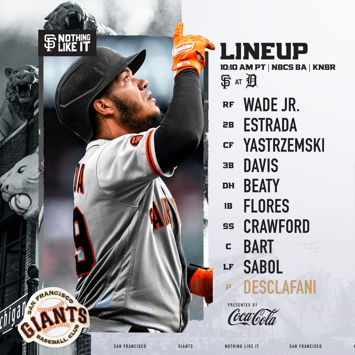 SFGiants's tweet photo. GM, everyone 🌤️ 

⏰: 10:10 a.m. PT 
🖥️: @NBCSGiants 
📱: https://t.co/u6HWjFOODT
📻: @KNBR
#SFGiants | @CocaCola https://t.co/RShnDFdonS