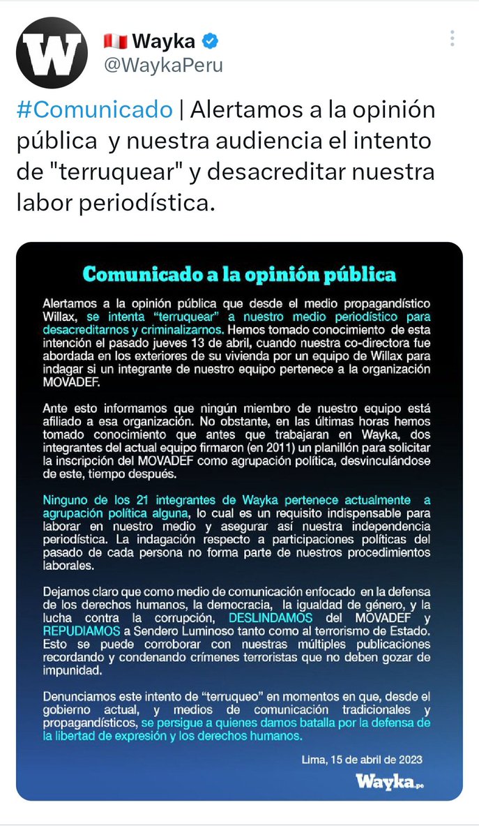 LadyMariaX's tweet photo. Wayka = 𝘿𝙞𝙖𝙧𝙞𝙤 𝘾𝙝𝙞𝙘𝙝𝙖 𝙑𝙞𝙧𝙩𝙪𝙖𝙡 ideologizado para estafar incautos.
Todos los que sigan y compartan a Wayka sepan que ese medio comulga y milita con 𝙤𝙧𝙜𝙖𝙣𝙞𝙨𝙢𝙤𝙨 𝙜𝙚𝙣𝙚𝙧𝙖𝙙𝙤𝙨 𝙙𝙚 𝙎𝙚𝙣𝙙𝙚𝙧𝙤 𝙇𝙪𝙢𝙞𝙣𝙤𝙨𝙤 como su brazo político MOVADEF. https://t.co/YYeE1Kygh5