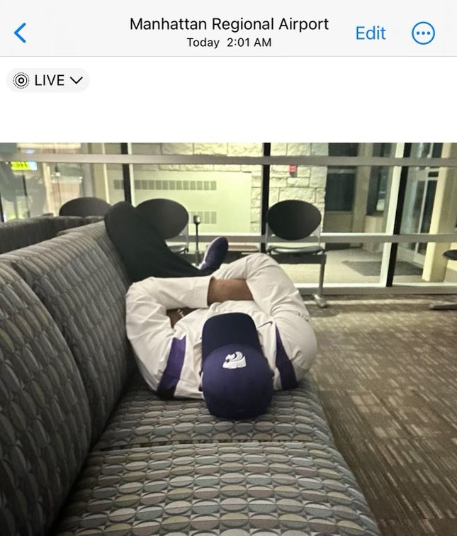 DerekYoungKSO's tweet image. Had someone send me this. Kansas State HC Jerome Tang was camping out at the airport last night awaiting a special someone. 👀👀