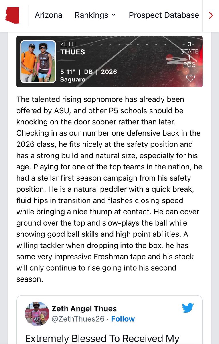 ZethThues26's tweet image. First off i want to thank the man above, my family for all the support, my coaches @saguarofootball my trainers @lmzworld_ coach D aka The Dungeon. @ArizonaMaxpreps thanks for the Ranking. #1Db in the 2026 class is an honor and i will continue to work hard .  @KyleMorgan_XOS