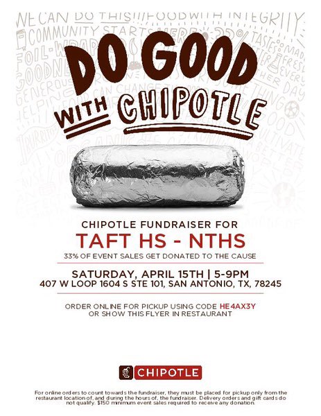 TODAY IS THE DAY! Support CTE students by grabbing dinner at Chipotle! Mention Taft at check out, online ordering is available with code below 👇 check the address! Pls share!