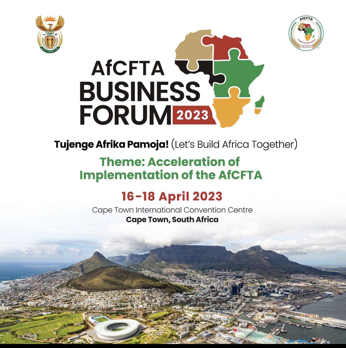 The #AfCFTA Business Forum is happening this weekend from 16 to 18 April 2018 in Cape Town, South Africa. Do not miss out!!!
#TujengeAfrikaPamoja
#LetsBuildTogether
#AfCFTABF2023