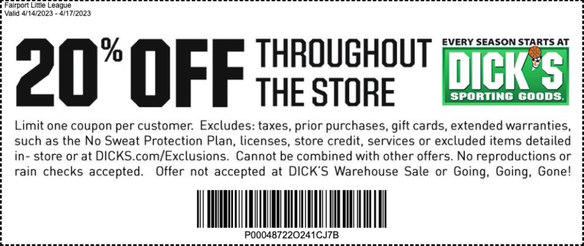 Our annual DSG Exclusive Shop Event is going on now through Mon Apr 17 at Eastview Dick's Sporting Goods. 

20% most items in the store. Great time to get those last minute items for the season!

Present the coupon below at checkout.