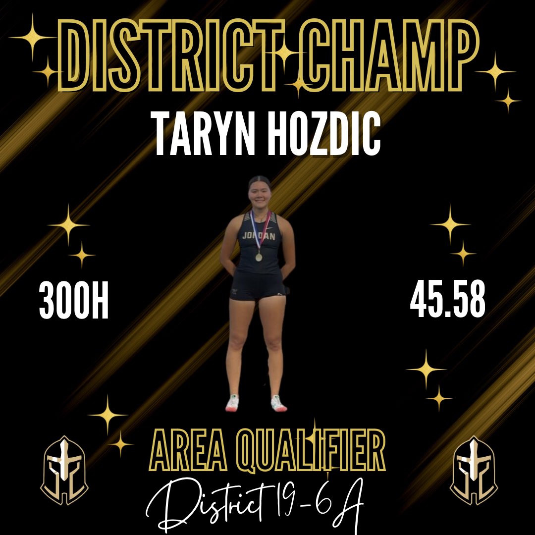 Congrats to our 300m hurdle Distrcit Champ, <a href="/haryntozdic/">Taryn Hozdic</a>!!! She also set a new school record of 45.58 and also qualified for Area in the 100m hurdles &amp; 4x4! Outstanding effort by such a hard working athlete! <a href="/MrCoachAllen/">Mabry Allen</a> <a href="/KK_Trnka/">Kymberlee Trnka</a> <a href="/JordanHSAthlet1/">JordanHSAthletics</a> <a href="/JHSWarriors_ABC/">Jordan Athletic Booster Club</a>