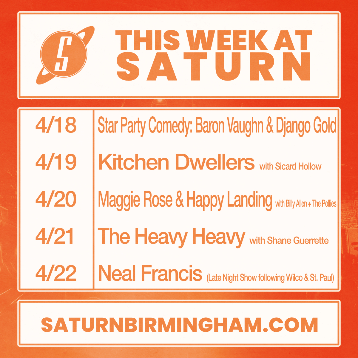 So much going on this week! Check it out! Find out more at saturnbirmingham.com 🪐