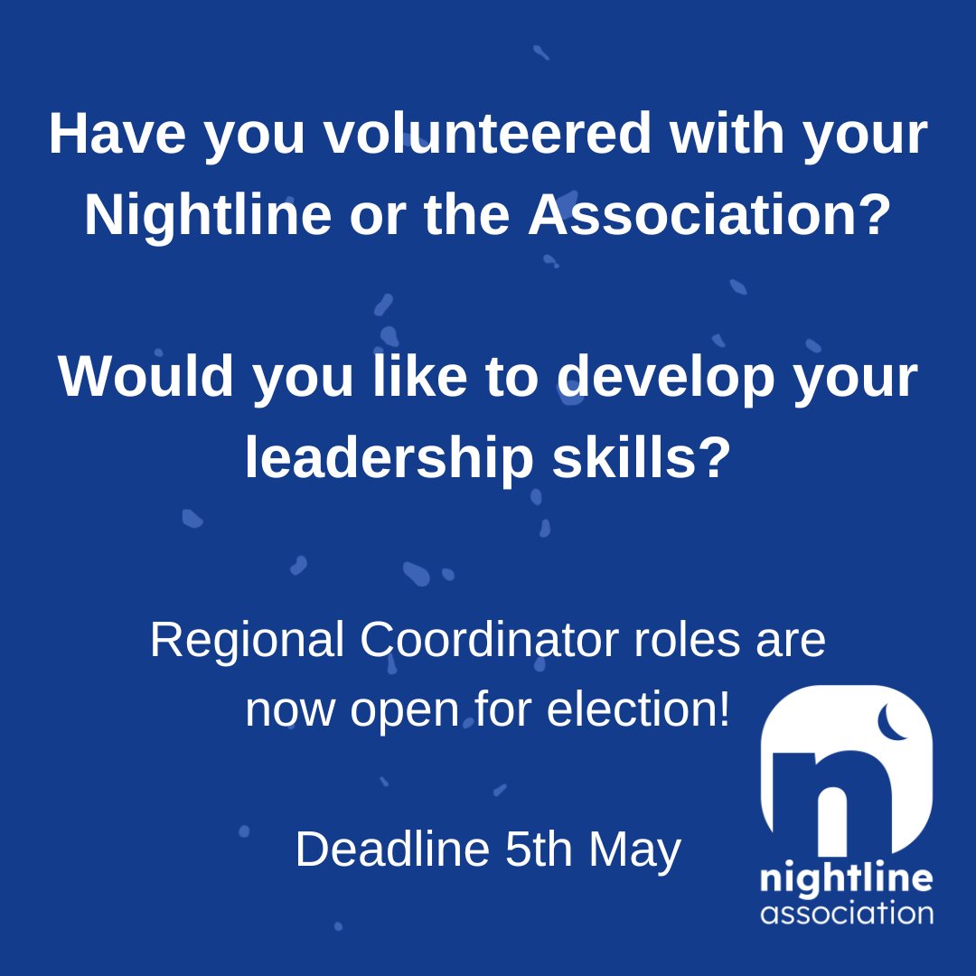 Have you been involved with Nightline whilst studying, or volunteered with the Association? You can support more Nightlines as our Regional Coordinator roles are open for election! Deadline is 5th May.
linktr.ee/NightlineAssoc…
#Opportunity #Volunteer #MentalHealth #Nightline