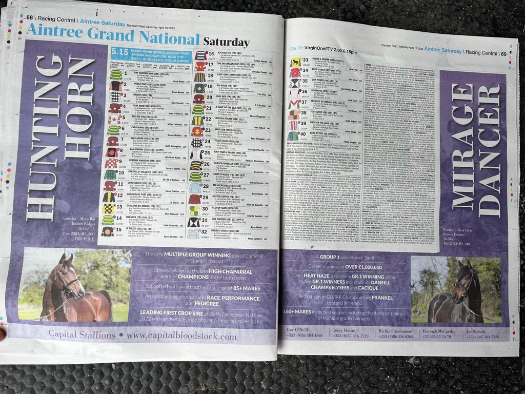 Capital_Stud's tweet photo. Today’s card for 🇬🇧 Grand National @AintreeRaces in @TheIrishField sporting HUNTING HORN and MIRAGE DANCER. https://t.co/fdKndGNLqM