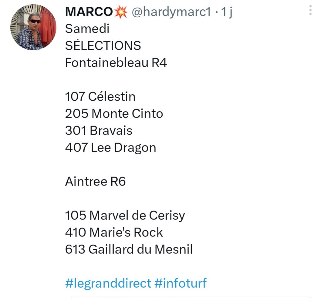 hardymarc1's tweet photo. Samedi 
SÉLECTIONS 
Score honorable 🤣 72% 
Résultat  5️⃣🐴 // 7️⃣

Fontainebleau R4

205 Monte Cinto🥈
301 Bravais🥇

Aintree R6 100% 3/3 

105 Marvel de Cerisy🥈
410 Marie's Rock🥈
613 Gaillard du Mesnil🥉

#legranddirect #infoturf https://t.co/HaiMVW0I5q