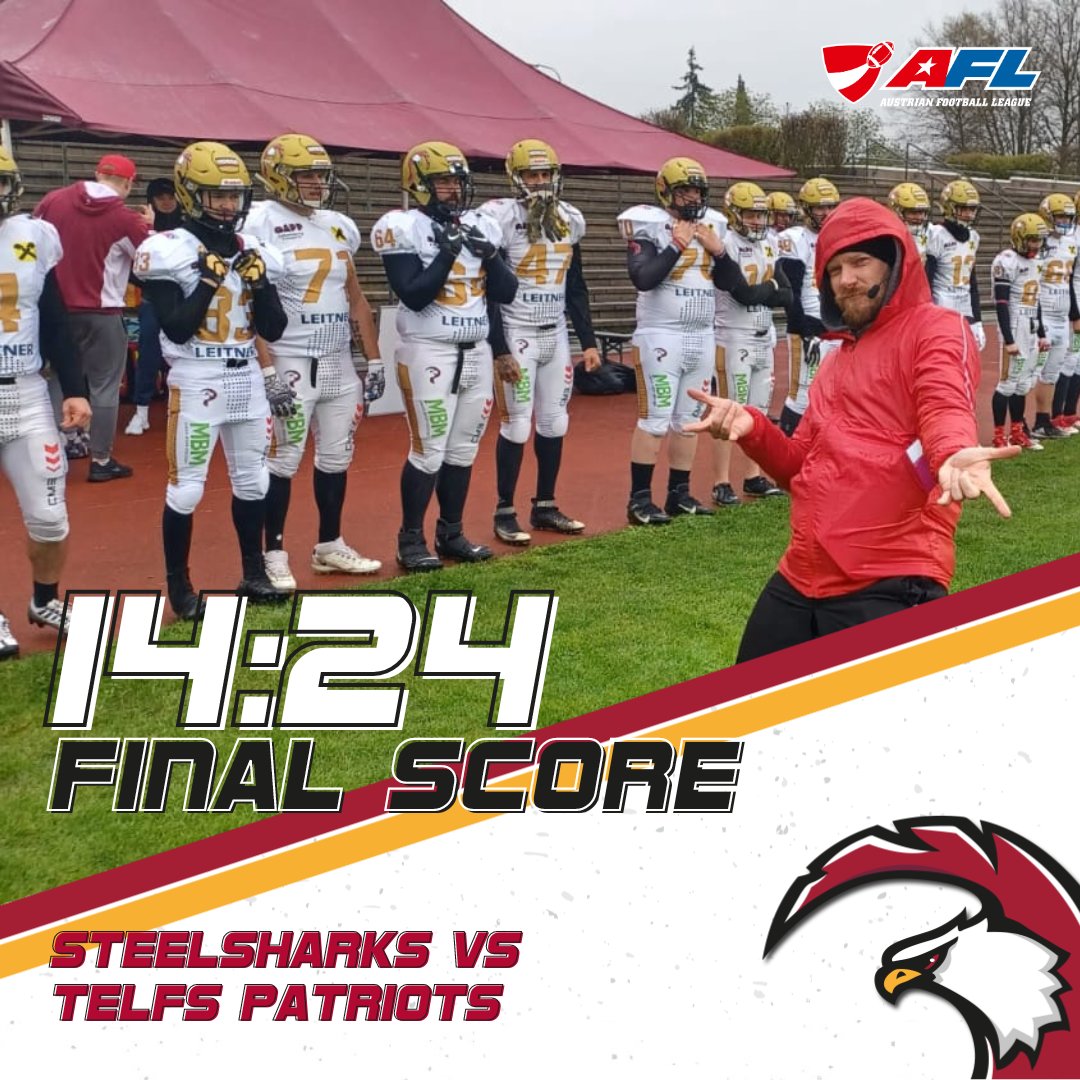 What a game in the rain 🌧️ in the shark tank, but in the end we won!!! 🏈💪 With a final score of 14:24 the #TelfsPatriots can win against the <a href="/STEEL_SHARKS/">Steelsharks Traun</a>