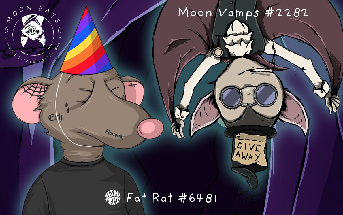 🎉GIVEAWAY TIME🎉
(Happy Birthday Arben!)

(2 winners)
1x <a href="/FatRatMafia/">Fat Rat Mafia 🧀🐭</a> #6481
1x #MoonVamps #2282

To Enter:
🩸LIKE &amp; RT
🩸Follow <a href="/Moon_Bats/">Moon Bats🩸</a> &amp; <a href="/Arben/">uǝqɹɐ</a> 
🩸Tag 3 frens and comment $BLOOD
(We will check requirements)

⏰48 hrs⏰

🧠Fun Fact: ALL BATS HAVE BELLY BUTTONS!
#UPSIDEDOWN