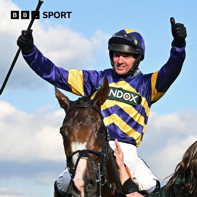 BBCSport's tweet photo. A fantastic win at Aintree after the start was delayed by protesters.

#BBCRacing #GrandNational
