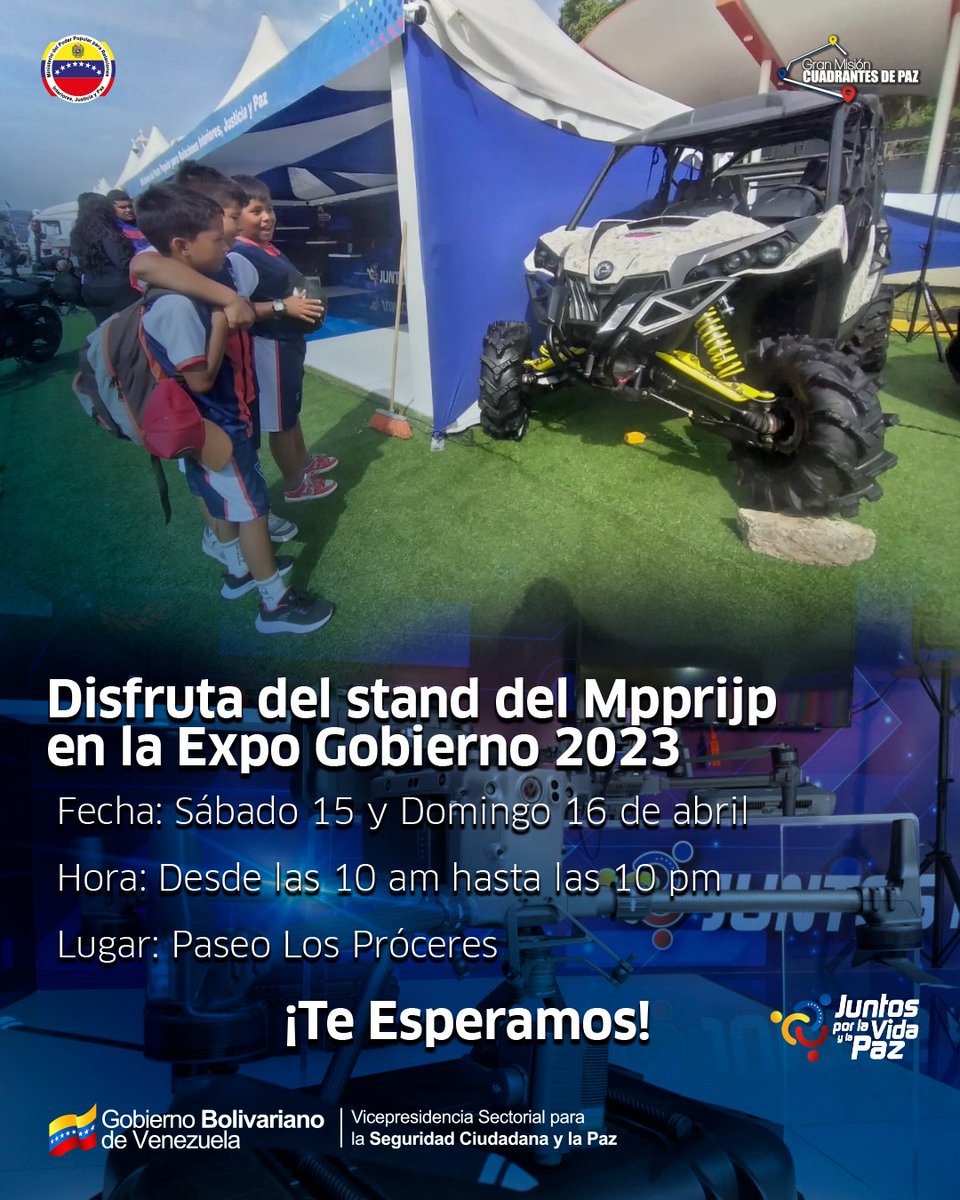#LogrosEnRevolución
#15ABR || En la #ExpoVenezuela2023 disfruta del stand del <a href="/MijpVzla/">MPPRIJP</a>, donde conocerán los avances más destacados en materia de seguridad ciudadana.

#LogrosEnRevolución 
<a href="/IralisailC/">Iralisail. Carballo</a> <a href="/ApureHumana/">GESTION HUMANA INIA APURE</a> <a href="/Aolivero2002/">Aiskel Olivero</a> <a href="/NicolasMaduro/">Nicolás Maduro</a> <a href="/Mippcivzla/">mippci</a> <a href="/twiteroejido/">💯🐦💪juan carlos🇻🇪🥇🐦💯</a>