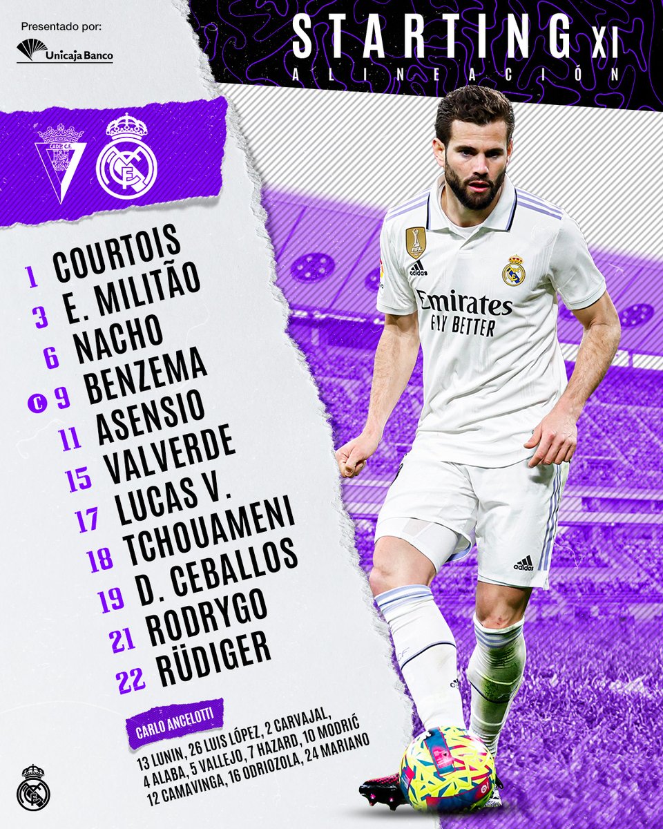 📋✅ ¡Nuestro 𝗫𝗜 inicial!
🆚 <a href="/Cadiz_CF/">Cádiz Club de Fútbol</a> 
#CádizRealMadrid | <a href="/UnicajaBanco/">Unicaja</a>